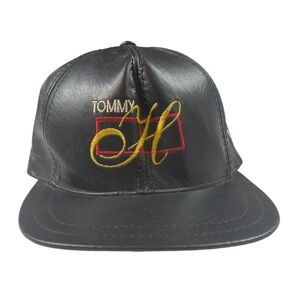 Vintage Tommy Hilfiger Leather Strapback Hat Black Gold Boot Throwback Retro 90s